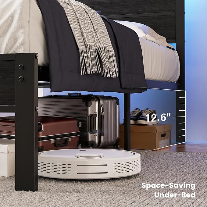 Twin Bed Frame with LED Lights &amp USB Charging Station Black Metal Platform Bed with Storage Headboard Under-Bed Space Noise-Free &amp Sturdy No Box Spring Needed Easy Assembly