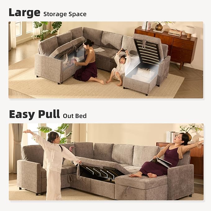 107 Modular Sectional Sleeper Sofa Set of Modular Pieces with Pull Out Bed U Shaped Sectional Couch with Storage Extra Wide&ampDeep Seat Couches for Living Room Removable Sofa Cover Chenille-Sl