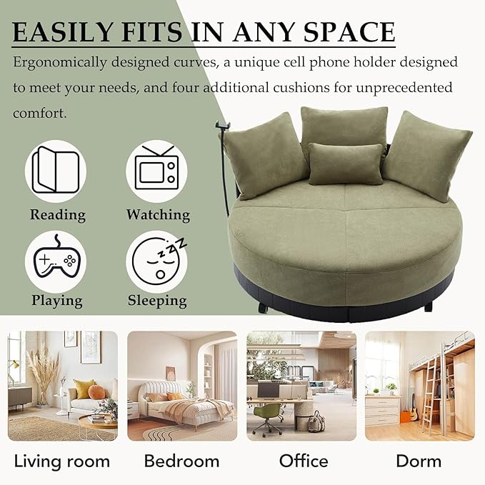 Anwick Modern 52'' Oversized Round Swivel Chair 360 Swivel with Adjustable Phone Holder 4 Pillows Upholstered Couples Chair for Living Room Bedroom Lounge Hotel (Green)