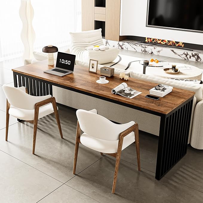 LITTLE TREE Two Person Desk 78.74 Extra Long Computer Desk for 2 People Rustic Brown Wooden Double Study Desk with Black Heavy Duty Metal Legs Large Business Workstation for Home Office