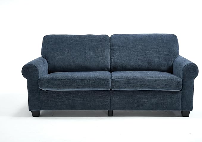79 inch Modern Classic Upholstered Loveseat Sofa Blue Chenille Fabric Rolled Arms Plush Cushions Living Room Furniture