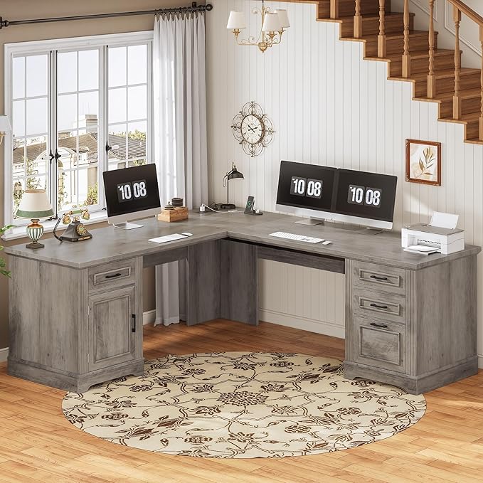 SEDETA 69 L Shaped Desk with Drawers and Storage Farmhouse Computer Desk with File Drawers and Power Outlet Corner Executive Desk with Storage Cabinet for Home Office Grey