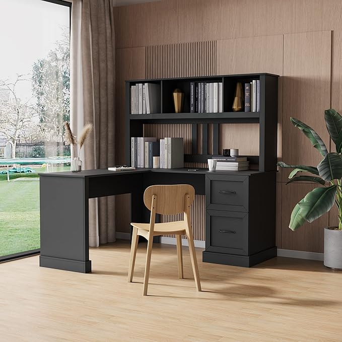 Home Office Computer Desk with Hutch &amp Storage - 2-Tier Shelves 2 Drawers for Study/Bedroom/Office (Black/M)