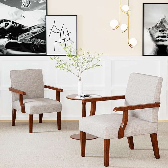 Fabric Accent Chair Set - Arm Chairs Set of 2 with Wood Side TableLiving Room Chairs with Soft Seat for Reading RoomBedroomWaiting RoomOffice(Beige)…