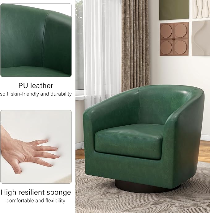 Swivel Barrel Accent Chair Modern Round Faux Leather Arm Chair for Living Room Bedroom Comfy Club Reading Chairs for Adults(Faux Leather Green Set of 2)