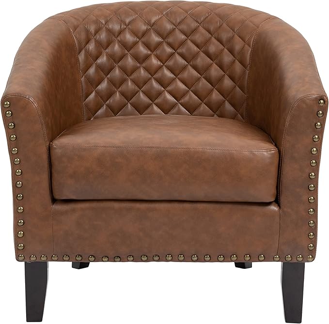 UIXE Faux Leather Barrel Accent Chairs Set of 4 Modern Club Upholstered Arm Chair Comfy Armchair Nailed Trim Living Room Single Sofa Reading Seat Bedroom Side Sitting for Office Brown