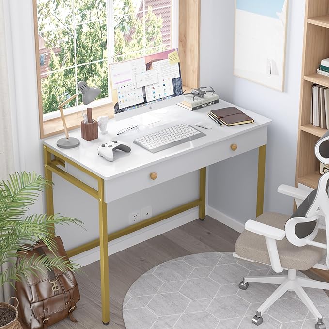 Weehom Computer Desk with Drawers Home Office Desk for Writing Studying and Gaming - Sturdy and Spacious Workstation for PC and Laptop(White and Gold)