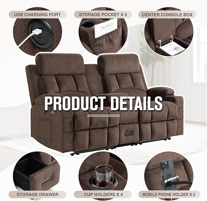 Oversized 72 Loveseat Recliner Sofa with Console Manual Double Reclining Sofa with USB Ports Cup Holders &amp 2 Phone Holders for Living Room Home Theater Game Room (Brown Velvet)