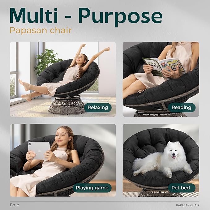 Bme 46 Large Size Ergonomic Wicker Papasan Chair with Soft Thick Density Fabric Cushion Bee-Designed Base High Capacity Steel Frame 360 Degree Swivel for Living Bedroom...