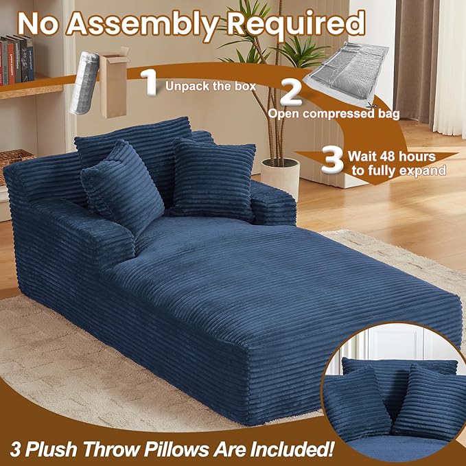 Avenix 79” Oversized Chaise Lounge Chairs Indoor Corduroy Boneless Chaise Lounges Chairs Indoor Deep Seat Big Comfy Reading Chair Cloud Sleeper Chair Sofa Couch Bed for Living Room Blue