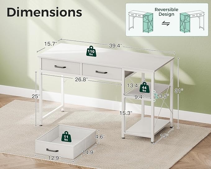 Coleshome Small Computer Desk with Drawers 40 Inch Reversible Home Office Desk with Storage Shelves Study Laptop Vanity Table for Bedroom Small Space White