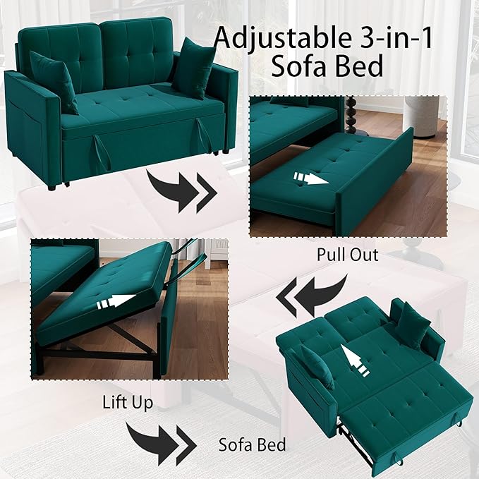 Green Convertible Sofa Bed: 3 in 1 Sleeper Sofa Couch Bed Pull Out Couch with Adjustable Backrest Velvet Convertible Loveseat Sleeper for Living Room (Green)