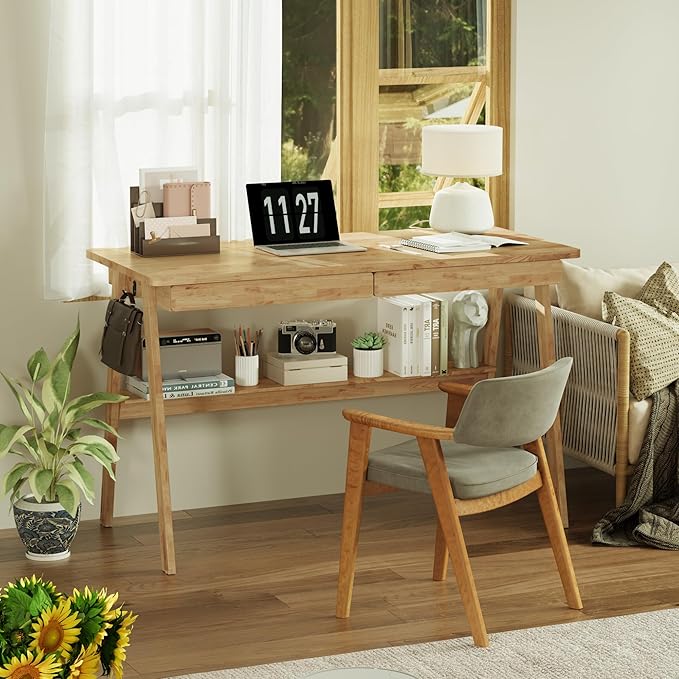 Solid Wood Desk with Drawers - 47.2 Inch Writing Desk with Drawers &amp Storage Shelf Simple Modern Study Table Home Office Computer Desks for Bedroom &amp Home Natural Boho Desks
