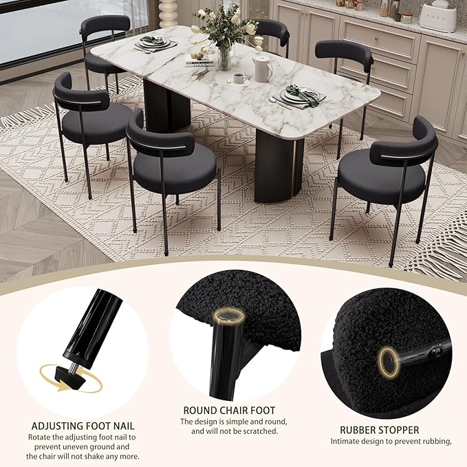 Boucle Dining Chairs Set of 6 Teddy Upholstered Dining Room Chairs Kitchen Chair with Metal Legs Mid Century Modern Chair for Dining Room Kitchen (Black Frame+Black 6)