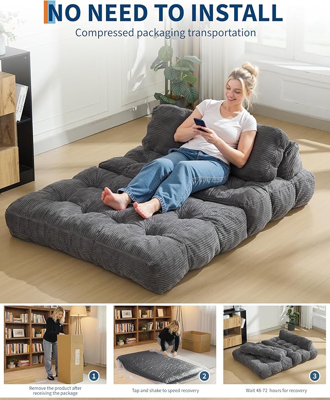 Garvee Folding Sofa Bed Convertible Sleeper Chair with Pillow Foldable Mattress with Back Support Boneless Fold Out Chair Bed Comfy Floor Sofa Lounge for Living Room Bedroom Dark Gray Full