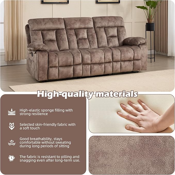 CANMOV 3 Seat Manual Recliner Sofa Modern Reclining Sofa with Overstuffed Armrest Hidden Cup Holders for Living Room Camel-Brown