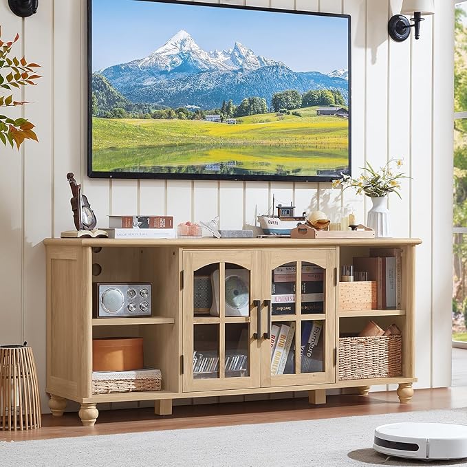 Farmhouse TV Stand for 60 Inch TV Wood Entertainment Center with Glass Door Storage Cabinet &amp Adjustable ShelvesTelevision Stands for 65 TVS TV Console Table for Living RoomBedroomNatural