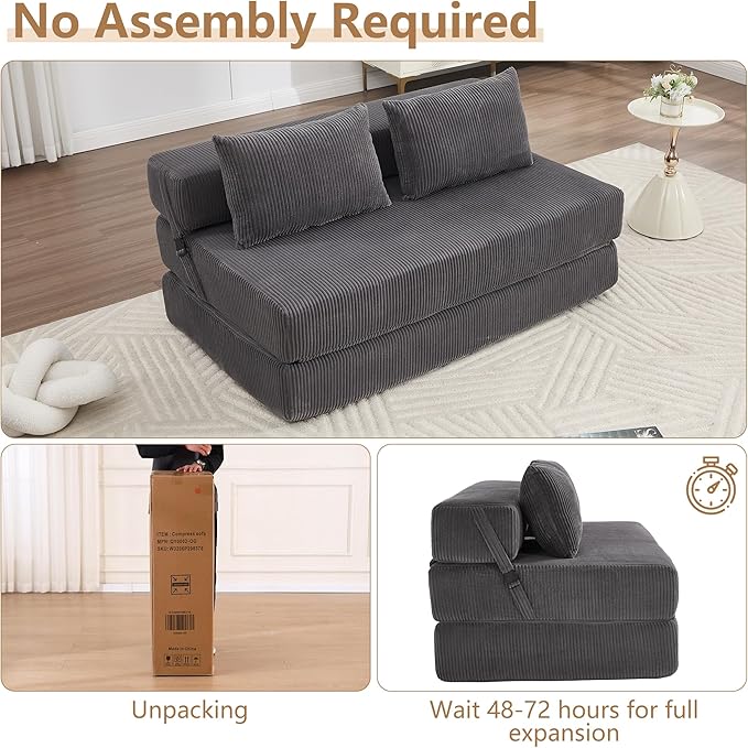 KIVENJAJA Folding Sofa Bed Full Size 3-in-1 Convertible Sleeper Sofa Corduroy Foldable Boneless Floor Futon Couch with Backrest &amp Pillows for Home Living Room Office Apartment Small Spaces Grey