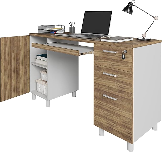 Modern Design Venice Computer Office Desk with 3 Locking Drawers and Storage Cabinet 53 Inch Home and Office Executive Walnut and White Desk with Keyboard Tray by Crafts and Comfort