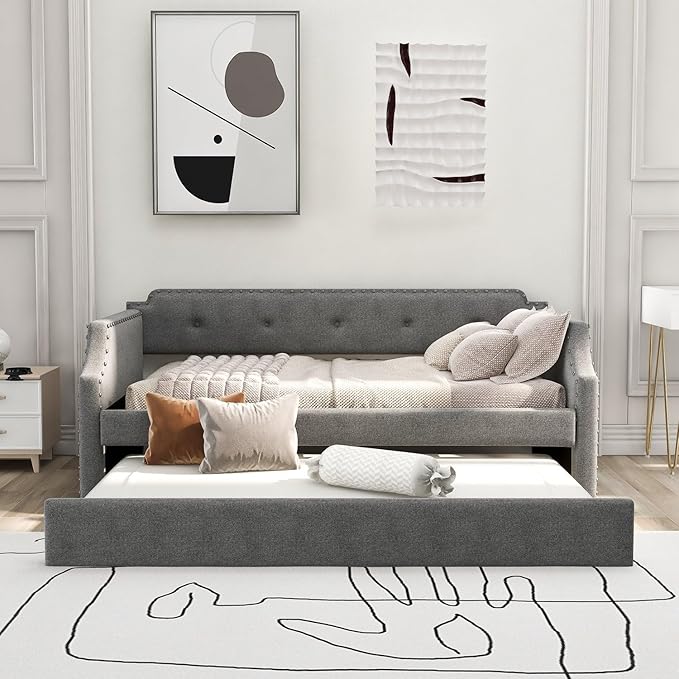 Gray Linen Upholstered Daybed with Trundle Twin Sofa Bed with Wood Slat Support French Country Style for Living Room or Guest Room
