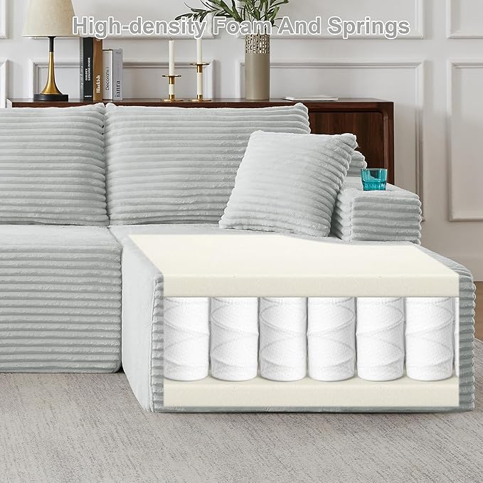 KIVENJAJA 133.5 Oversized U Shaped Sectional Cloud Couch Corduroy Modular Sectional Sofa with Cup Holders &amp Side Pockets Modern Deep Seat Boneless Couches for Living Room Apartment Light Grey