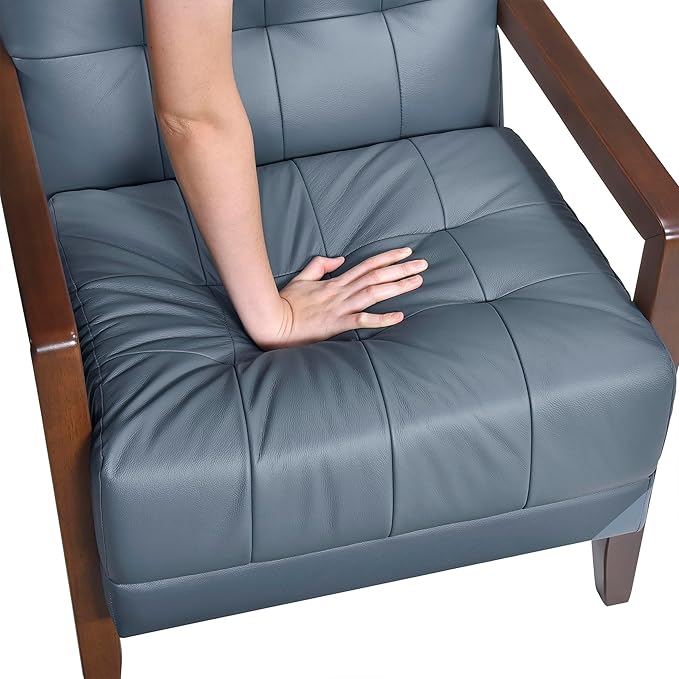 Lexicon Modern Accent Chair Luxury Genuine Leather Match Living Room Chair with Tufted Cushions Solid Wood Frame and Arm Rest Comfy Upholstered Single Seat for Bedroom/Reading/Office Blue
