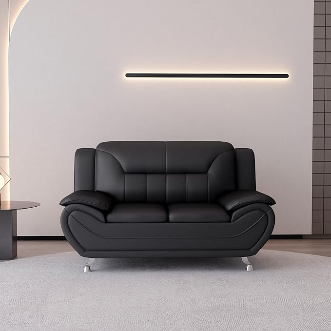 Michael Modern Faux Leather Upholstered Stainless Steel Legs Living Room Loveseat Midnight Black