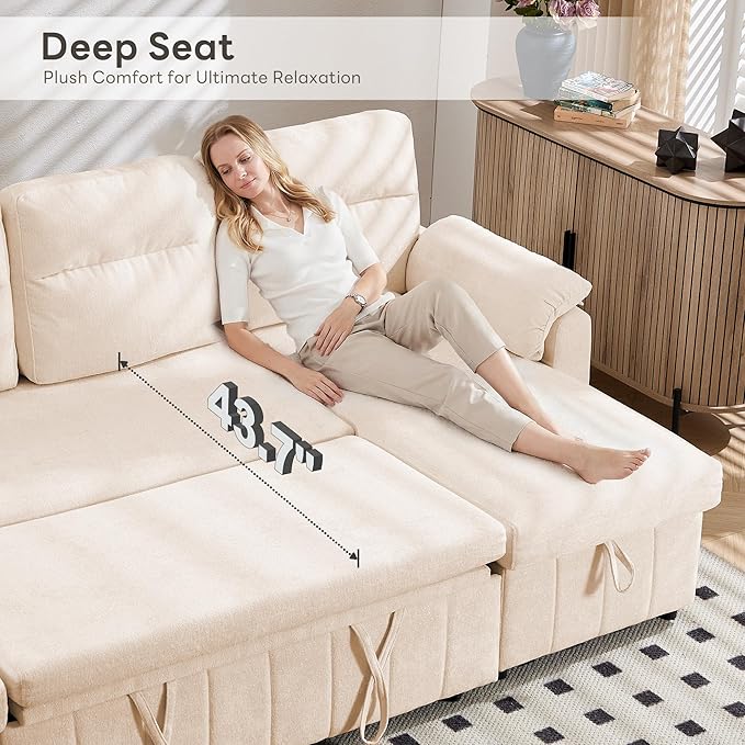 Tbfit 108'' Pull Out Sofa Cloud Sleeper Sofa Bed with USB &amp 2 Storage Chaises Comfy Oersized U Shaped Convertible Sectional Sleeper Couches for Living Room Apartment Office Beige