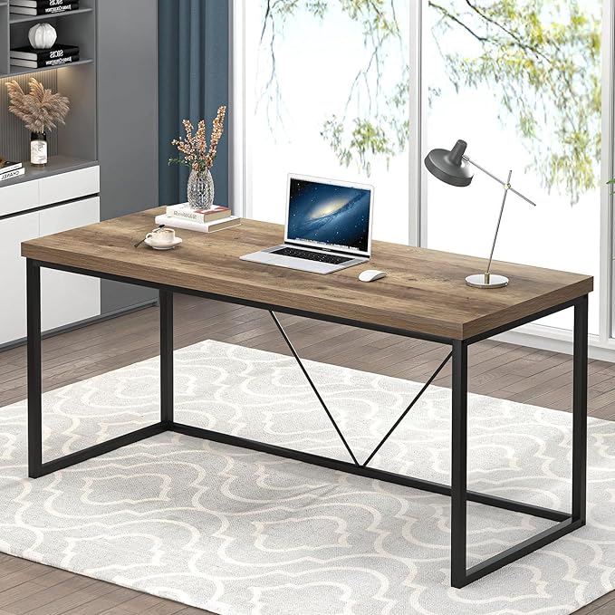 FOLUBAN Industrial Computer Desk Rustic Wood and Metal Writing Desk Vintage PC Table for Home Office Oak 60 inch