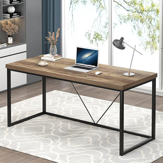 FOLUBAN Industrial Computer Desk Rustic Wood and Metal Writing Desk Vintage PC Table for Home Office Oak 60 inch
