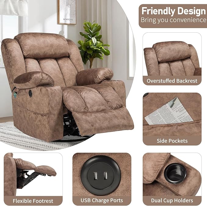 Swivel Rocker Recliner Chair with Heat and Massage Manual Glider Rocking Reclining Chair 360° Swivel Overstuffed Lounge Chair with 2 Cup Holders Side Pockets &amp USB Ports Fabric Brown