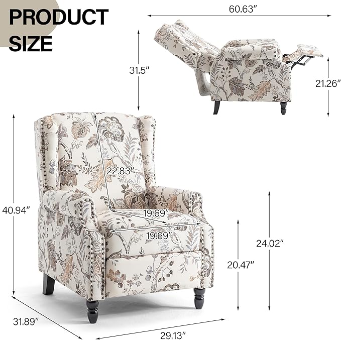 Recliner Chair Upholstered Wingback Floral Pushback Armchair with Adjustable Backrest &amp Footrest Comfy Accent Chair for Small Spaces Living Room Bedroom (Plants Beige Set of 1)
