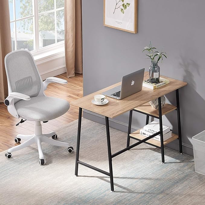 VECELO 43 Inch Writing Desk Home Office Home Office Study Tables with 2 Tier Storage Shelves Eiton Left or Right Side Simple Industrial Style with Adjustable Feet and Water Proof Surface Oak Desk