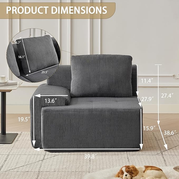 Modular Sectional Sofa with Movable Ottoman 1 Seat Deep Seat Couch with 1Pillow Comfy Cloud Sectional Sofa for Living Room Bedroom and Apartment (Grey 1 Left)