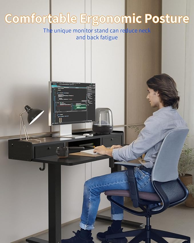 YIHAYO Electric Standing Desk with Drawers 48 x 24 Inches Adjustable Desk with Storage Shelf Stand Up Desk with Splice Board Computer Table for Home Office Black Frame/Black Top