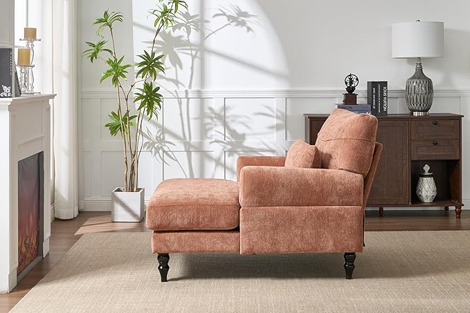 51'' Chaise Lounge Chair Indoor Accent Upholstered Reading Side Armchair Comfy Leisure Sleeper Sofa Chair Chenille Recliner Arm Chairs for Living Room &amp Bedroom Easy Assembly (Orange) | Modern