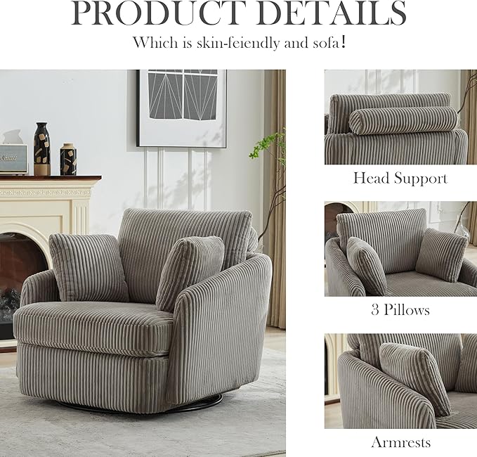 Aoiy &amp Wifon 40.55 W Oversized Swivel Accent Chair Modern Comfy Swivel Armchair for Living Room Corduroy Gray
