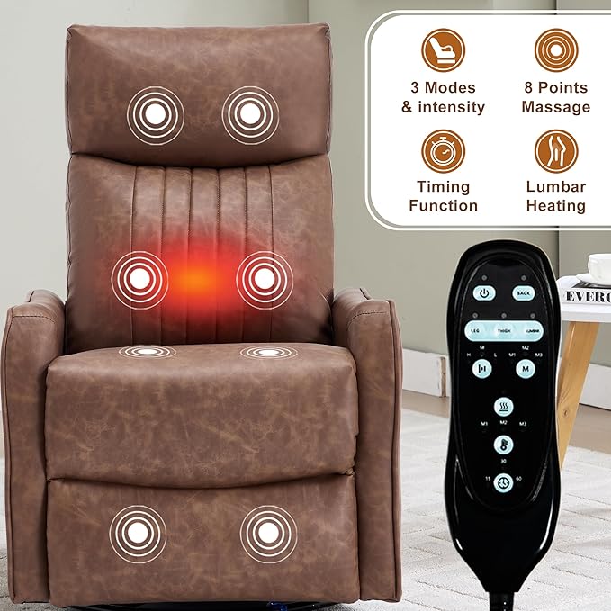 KEIKI Swivel Rocker Recliner Chair with Massage and Heated Pad for Living Room Synthetic Leather Glider with 360 Degree Rotation and Manual Recline