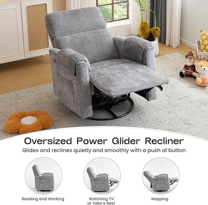 Oversized Power Recliner Chair with Adjustable Headrest Swivel Rocking Recliner Chair for Adults 26 Extra Wide Glider Nursery Chair with Overstuffed Armrest for Living Room USB Ports Grey