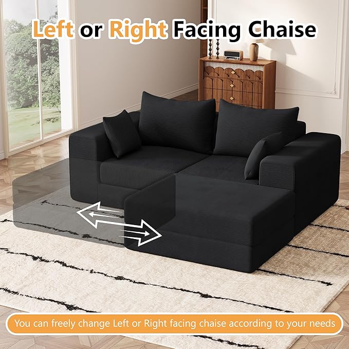 Modern Small Boneless Couch Convertible Modular Sectional Sleeper Sofa Bed Corduroy Memory Foam Cozy Modular Cloud Couch L-Shaped Cloud Sofa for Living Room No Assembly Black