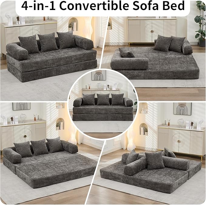 4 in-1 Folding Convertible Sofa Bed78.8 Folding Floor Mattress Couch Comfy Chenille Boneless Couch Lounge Loveseat with Pull Out Bed No Assembly (Light Grey)