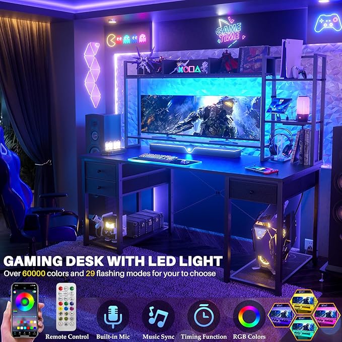 Aheaplus Desk with LED and Outlets Gaming Desk with Hutch 55.2'' Computer Desk with Drawers Reversible Office Desk with Storage Bookshelf Large Workstation Desk with Shelf Desk for Home Black