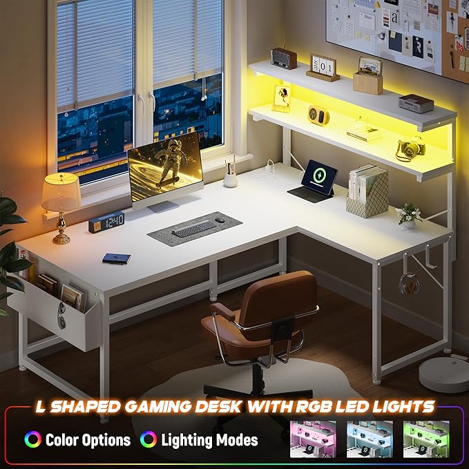 L Shaped Desk Computer Desk with LED Light &amp Power Outlet 53 Inch Reversible L Shaped Gaming Desk with Shelf &amp Storage Bag &amp Hook for Home Office White