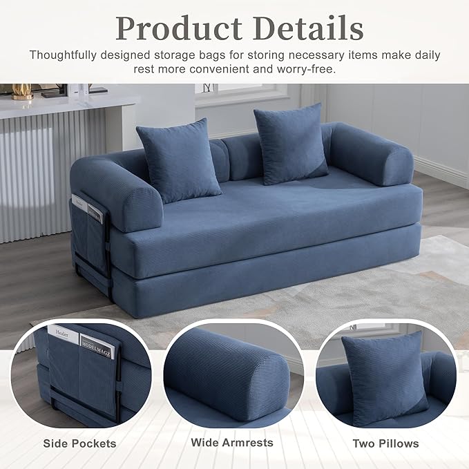 Convertible Sleeper Sofa Bed 78.5 Folding Floor Sofa Mattress Couch with Pillows Corduroy Futon Boneless Couch Lounge Loveseat with Pull Out Bed Navy Blue