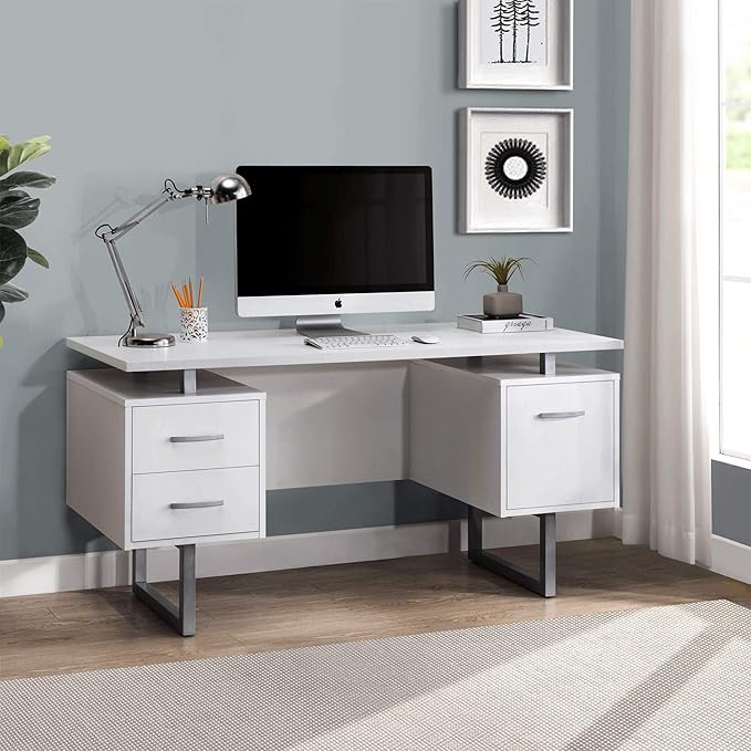 Deja 60 White Study Writing Home Office Wall Mounted Laptop Computer Floating Desk Top and Storage Drawers and Metal Stands