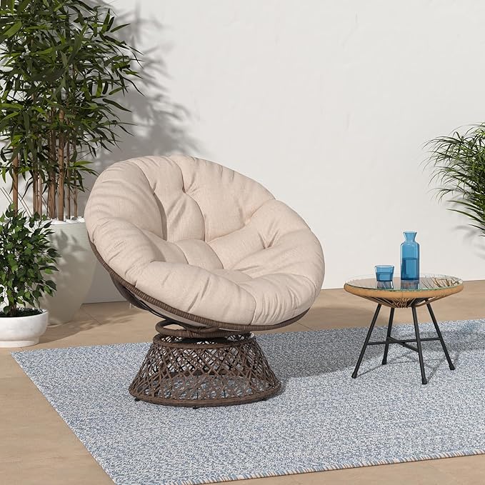 Bme 40 Ergonomic Wicker Papasan Chair with Soft Thick Density Fabric Cushion High Capacity Steel Frame 360 Degree Swivel for Living Bedroom Reading Room Lounge Sepia Sand - Brown Base