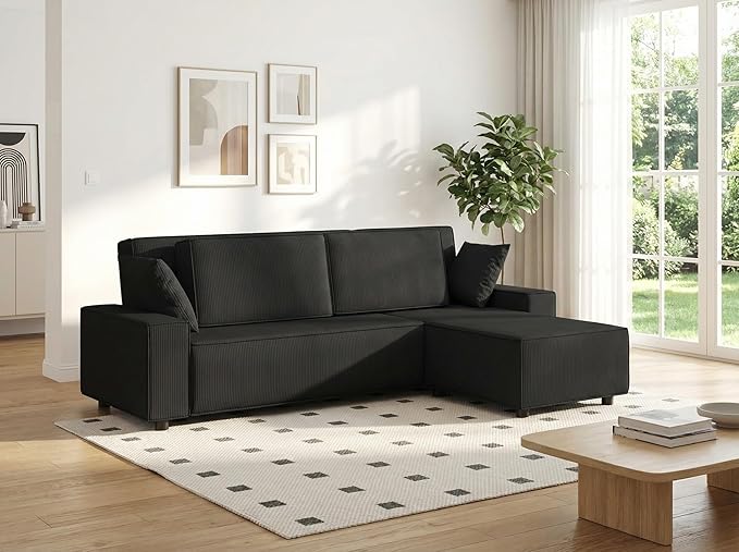 GAOMON Fine Stripe Corduroy Sectional Sofa l Shaped Modern Corduroy Couch Comfy Sofa Couch with Deep Chaise for Living Room Apartment Hotel 96 w*61 d*32 h Black