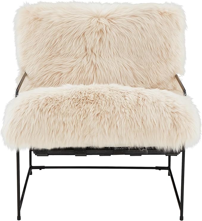 First of a Kind Cozy Natural Genuine Sheepskin Accent Chair - Bedroom Chair with Modern Iron Frame - 440 lbs Capacity Sumptuous Upholstery - Fully Assembled 27 W x 33 D x 35 H