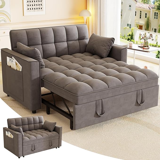 3 in 1 Convertible Sleeper Sofa Bed 52'' Velvet Pull Out Couch Bed with Comfy Pillows &amp Adjustable Backrest/Side PocketsFuton Loveseat Sleeper Sofa for Small Spaces Living Room Bedroom (Dark Gre