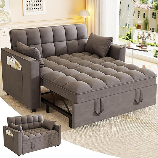 3 in 1 Convertible Sleeper Sofa Bed 52'' Velvet Pull Out Couch Bed with Comfy Pillows &amp Adjustable Backrest/Side PocketsFuton Loveseat Sleeper Sofa for Small Spaces Living Room Bedroom (Dark Gre